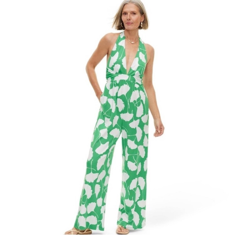 Diane von Furstenberg Women's Halter Jumpsuit Deep V-Neck, Ginkgo Green new - Picture 4 of 9